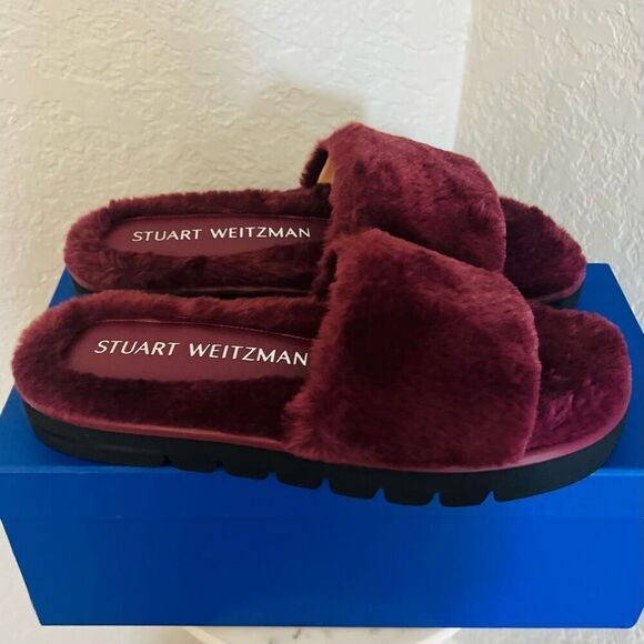 STUART WEITZMAN Elodie Chill Faux Fur Slide Slipper Sandal Size 9 Cranberry NWT - Picture 13 of 16